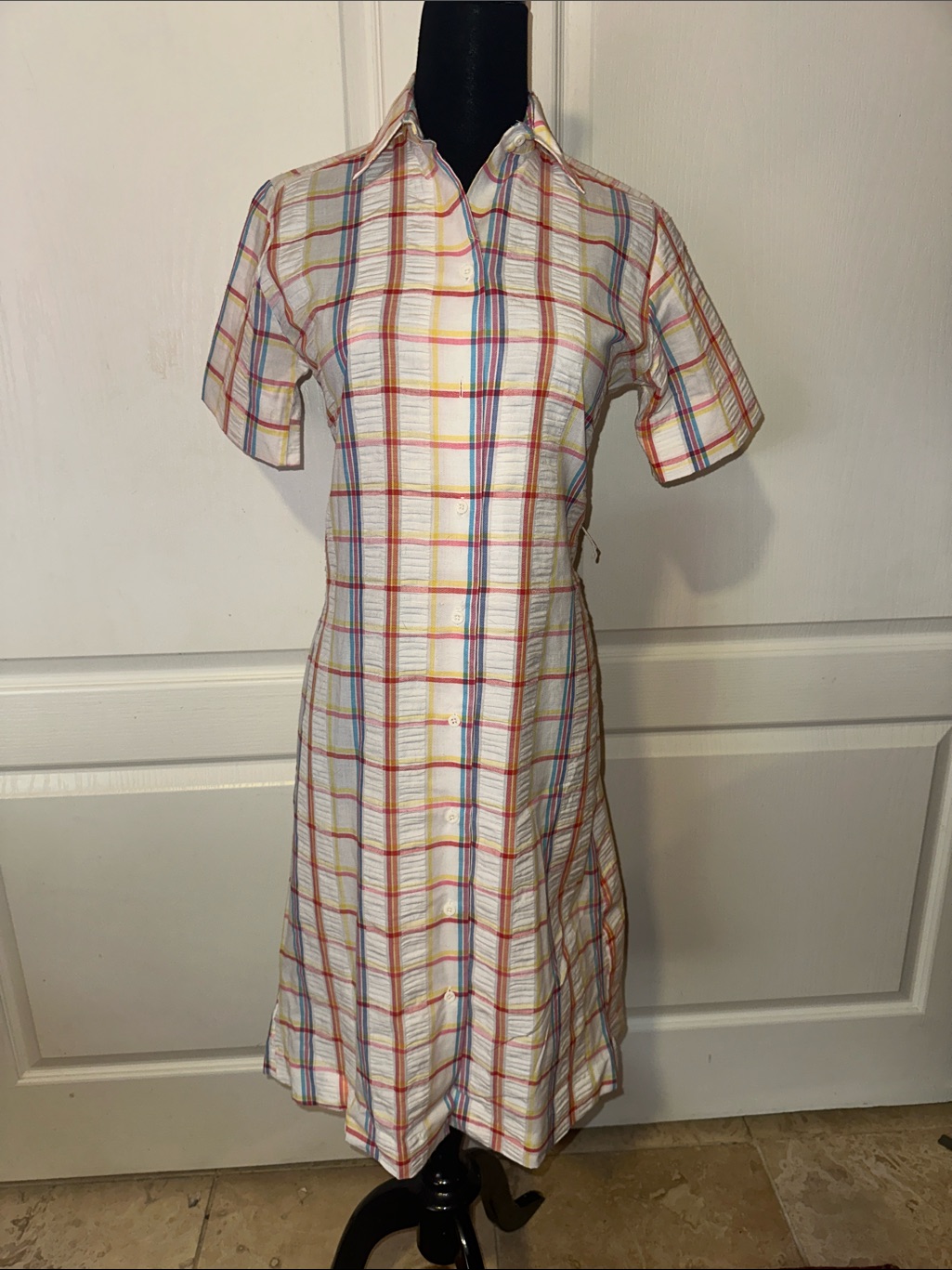 Vtg Dunloggin Shirtmaker Classic White Plaid Shirt Dress Multicolor Stripes